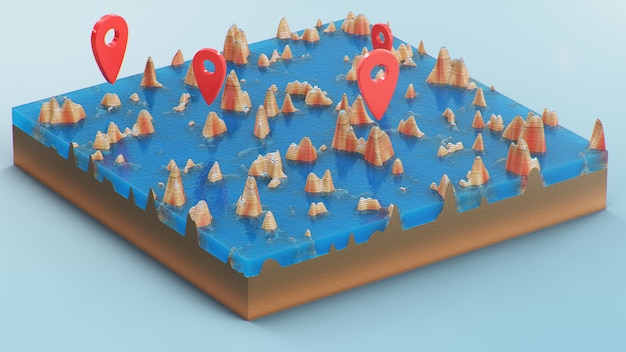 Фото Красные указатели, маркеры на 3d карте навигации. контурные линии на топографической карте