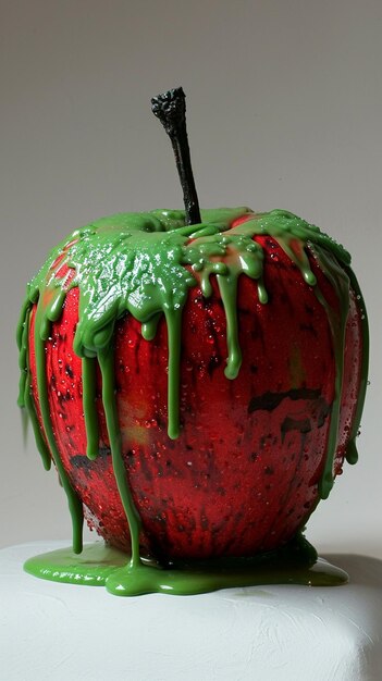 Photo a red poisoned apple dripping with thick neon green caramel on a white background
