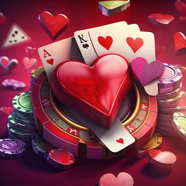 A red poker chip with a heart shaped piece of playing cards on top.