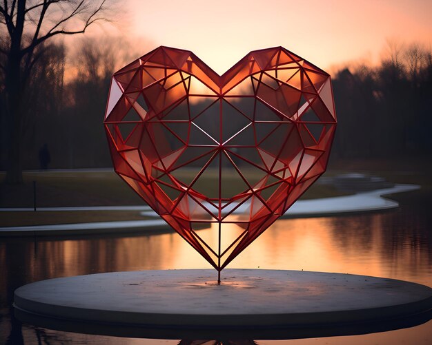 Red polygonal heart in the park Valentines