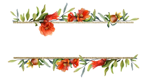 Photo red pomegranate flowers festive watercolor rectangular frame for rosh hashanah greetings
