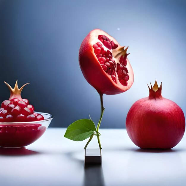 A red pomegranate and a half of a grapefruit.