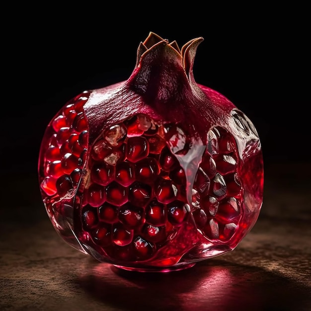 A red pomegranate is on a dark background