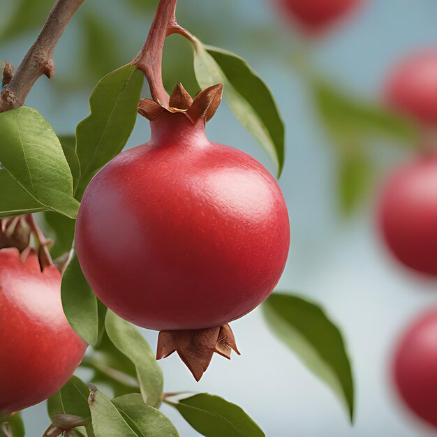 Photo a red pomegranate is hanging from a tree