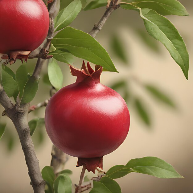 Photo a red pomegranate is hanging from a tree