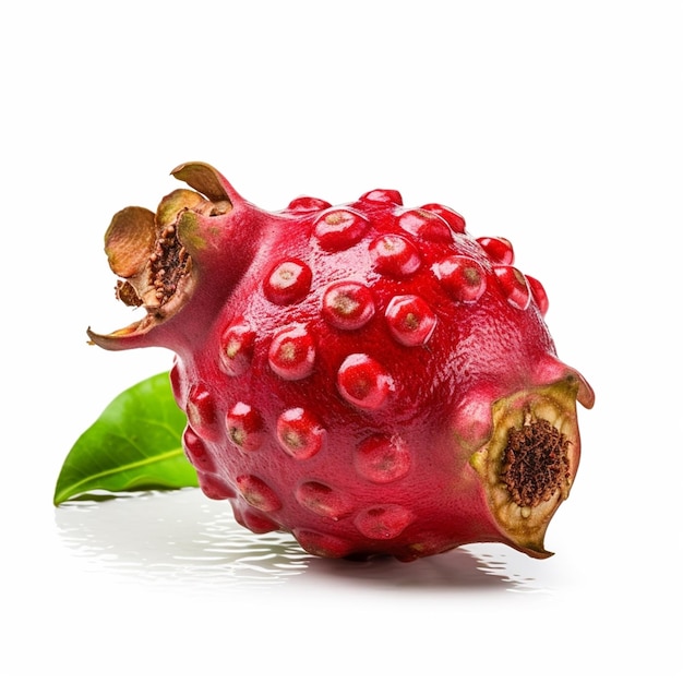 A red pomegranate with green leaves on a white background