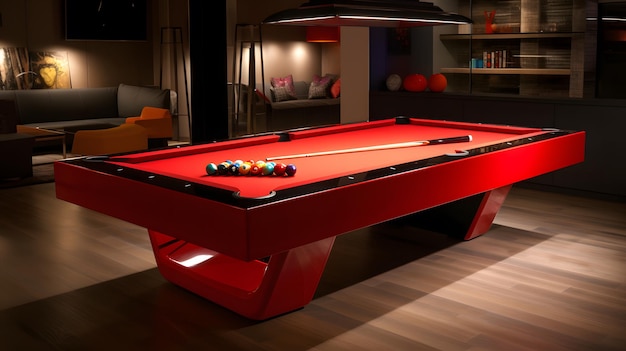 Red pool table in a room with a sofa and a couch