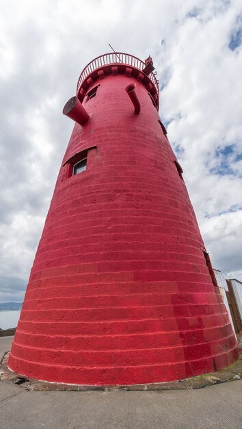 Red Poolbeg lighthouse at Dublin bay entrance. Wide angle shot.