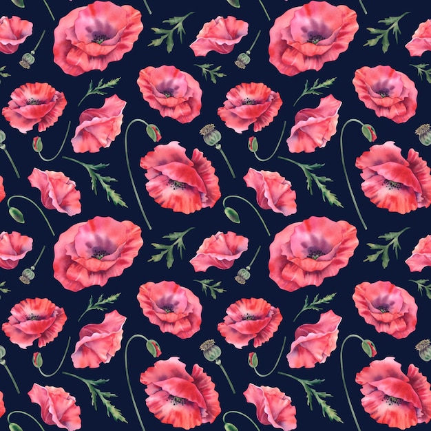 red poppies on adark background seamless pattern of wildflowers handpainted watercolor botanical illustration bouquet of flowers for decorating invitations booklets postcards fabric