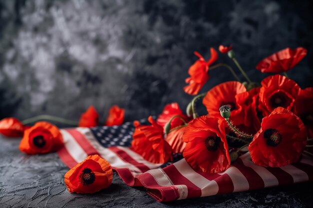 Photo red poppies on american flag memorial day generative by ai