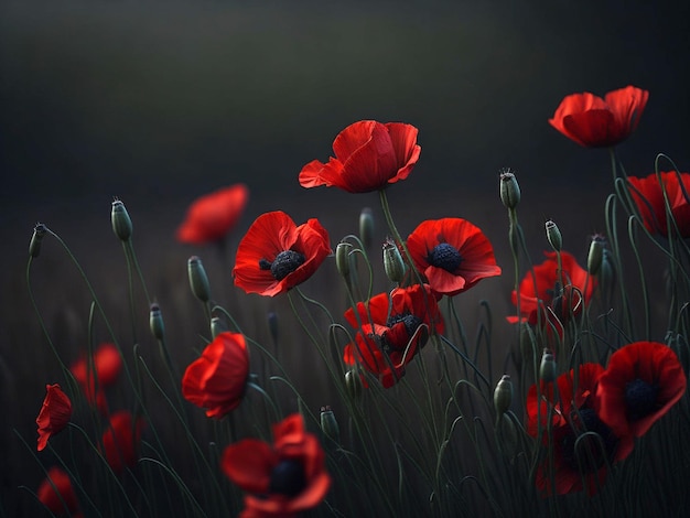 Red poppies close up in a summer or spring field