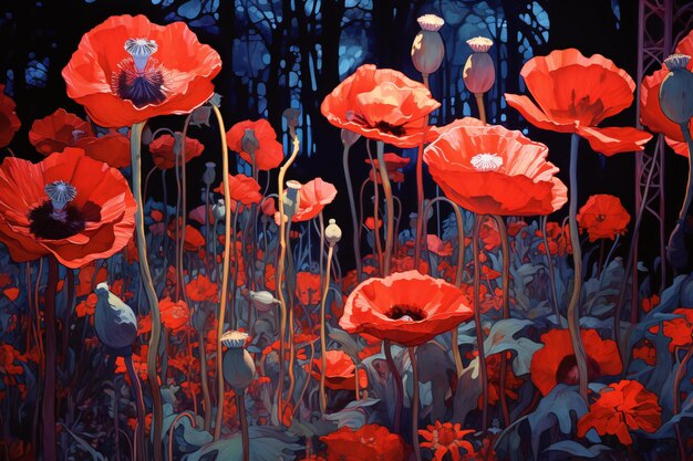 Red poppies on a dark forest background Digital painting