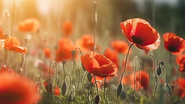 Red poppies in a field with the sun shining on them