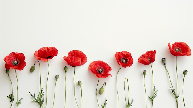 Red poppies flowers on a white background The image is taken from above and shows the flowers in a row against a plain background
