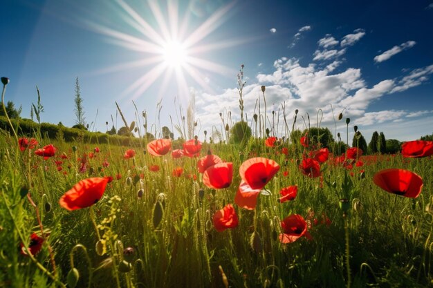 Red poppies in a summer or spring field banner and sun on the sky Generative AI