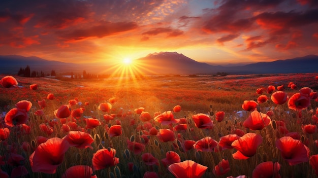 red poppies in the sunset