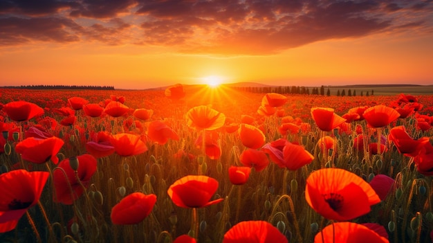 red poppies in the sunset