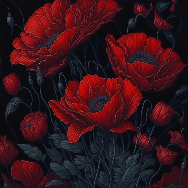 Photo red poppies watercolor digital ornament for fabric and packaging design generative ai