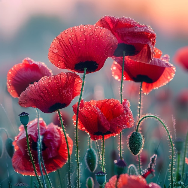 Red Poppies with Morning Dew at Sunrise