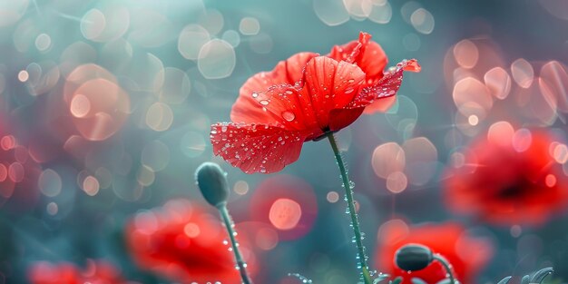 Foto il papavero rosso delizia la dolce pioggia di bokeh