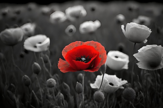 A red poppy in a field of white flowers