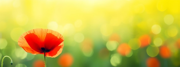 Red poppy in a field with green blurred bokeh background