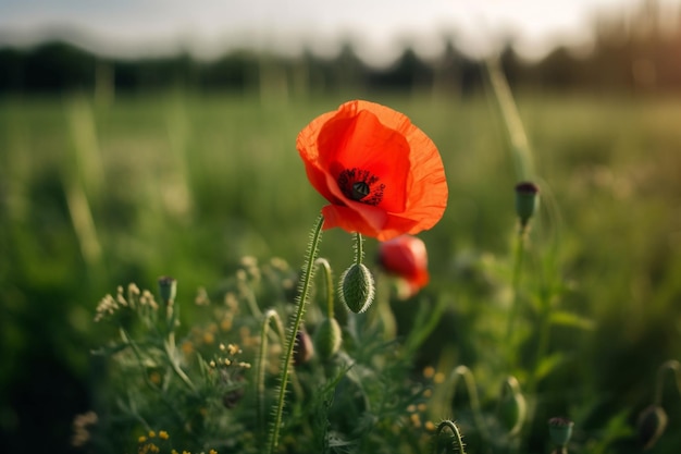 A red poppy in a field with the sun shining on it.