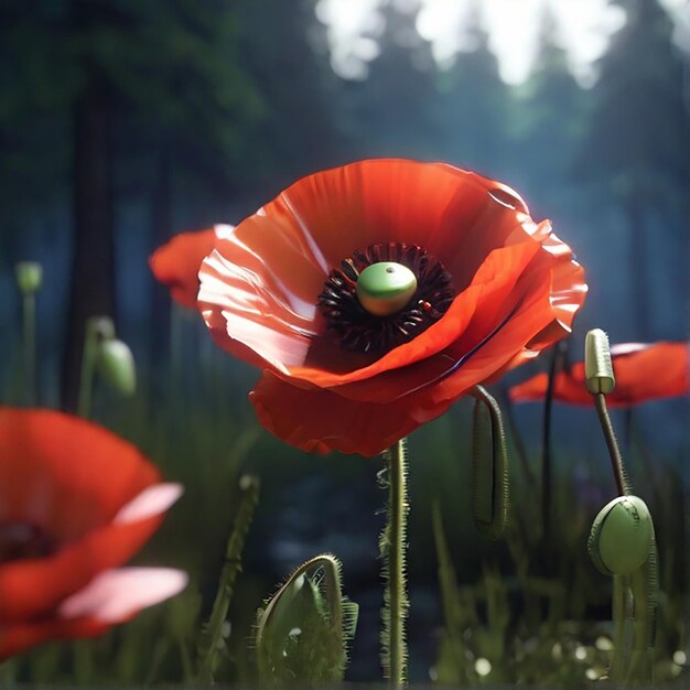 A red Poppy flower in field