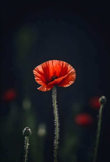 A red poppy flower in focus with a dark background