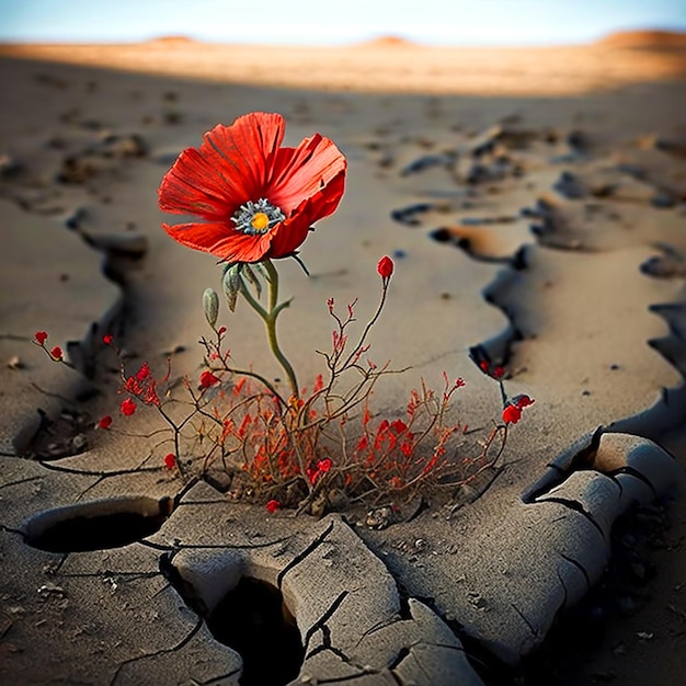 Red poppy flower grows among dried up desert as symbol of the rebirth of life forces of nature