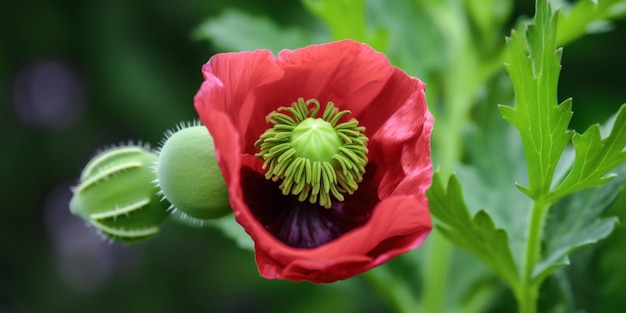 緑の中心と紫の中心を持つ赤いケシの花。