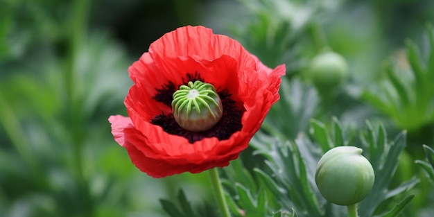 A red poppy flower with green leaves and a green center.