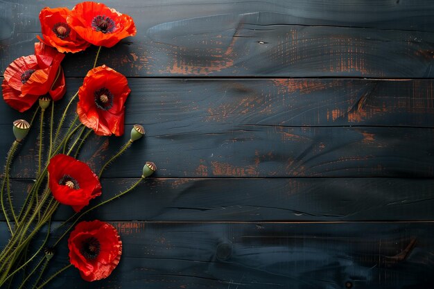 Photo red poppy flowers on a dark wooden background generative by ai