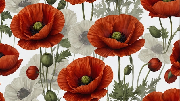 red poppy flowers white background