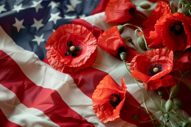 写真 アメリカ国旗を背景にした赤いポピーの花 - 記念日
