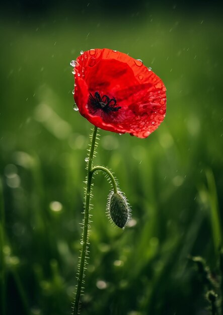 red poppy on a green grass realistic photography