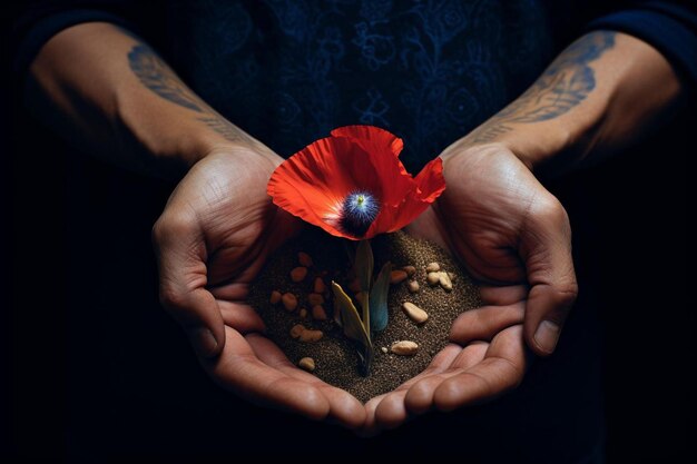 a red poppy is in a man's hands.