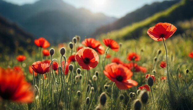 Red poppy Poppy blossom Mountain landscape with blooming red poppy