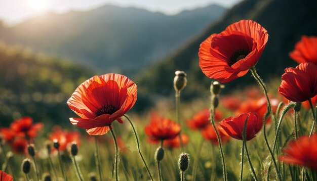 写真 赤いオオカミの花 く赤いオアミの花がく山の風景