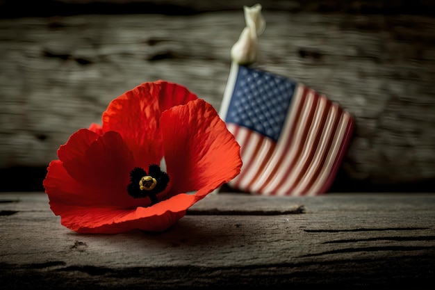 A red poppy sits next to a flag