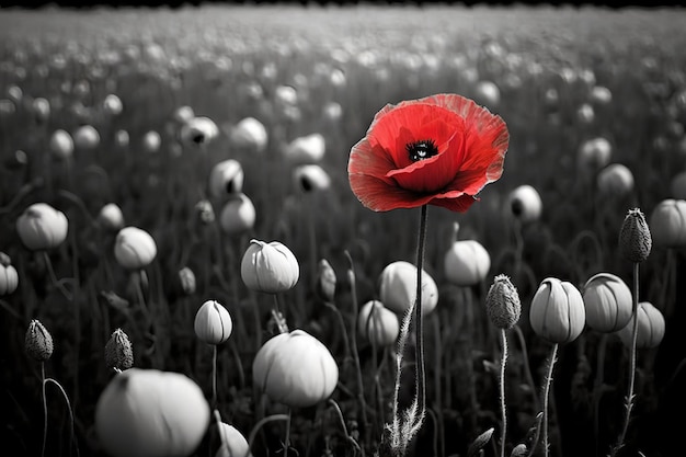 Photo a red poppy stands out in a field of white tulips.