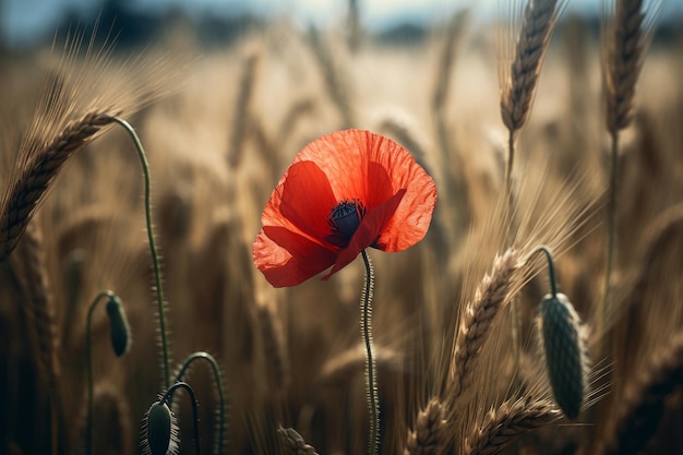 A red poppy in a wheat field