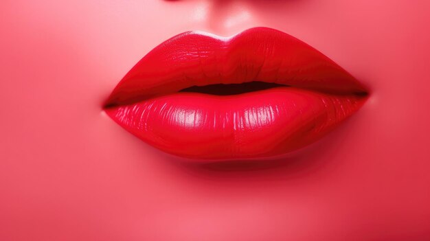 Red porcelain lips on the right on a red background Valentines Day free space for text