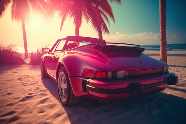 Red porsche 911 on the beach