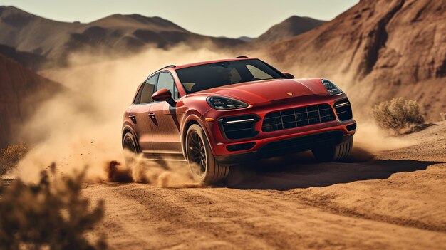 A red porsche macan is driving through a desert.