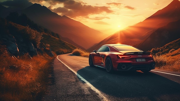 A red porsche sports car driving on a mountain road.