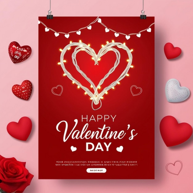 a red poster with a heart shaped banner that says happy valentines