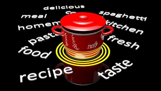 周りにさまざまな料理関連のテキストが表示された赤い鍋