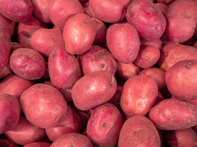 red potatoes on the market close-up