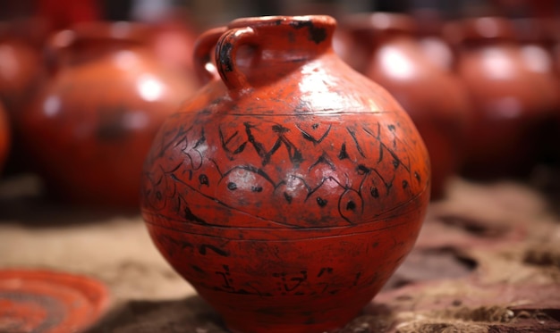 A red pottery jar with black designs on it